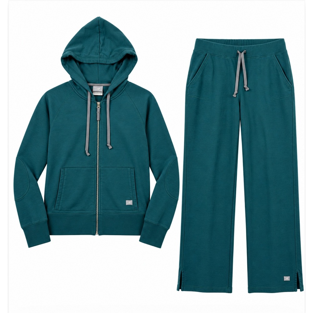 New Balance Tracksuit Set XL/L Teal Zip Hoodie Wide Leg Sweatpants Elbow Patches